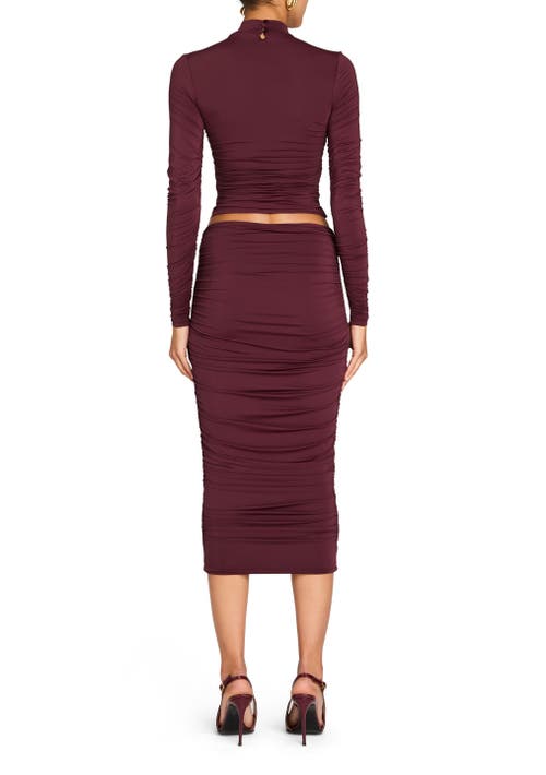 Shop Ser.o.ya Darcy Mid Rise Ruched Midi Skirt In Merlot