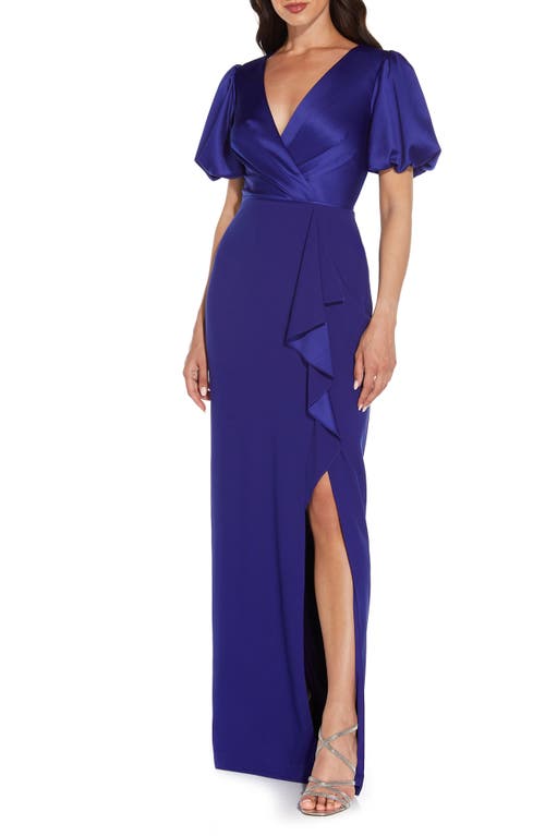 Adrianna Papell Satin Crepe Cascade Gown in Electric Blue Smart