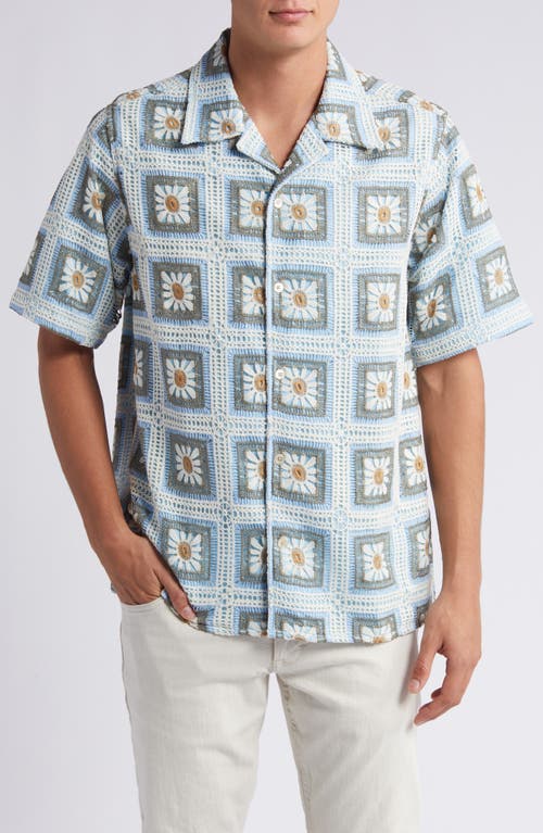 Julio Crochet Cotton Short Sleeve Button-Up Camp Shirt in Blue Multi Colour