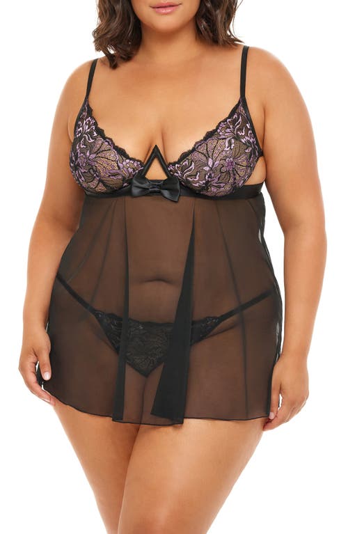 Oh La La Cheri Riley Babydoll Chemise With G-string Thong In Black/pink Tulle