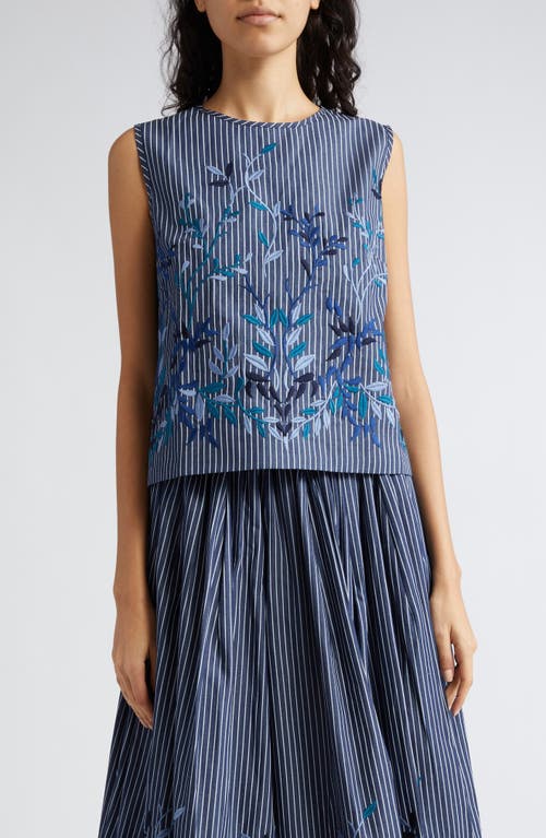 Hilary Floral Embroidered Stripe Sleeveless Top in Blue Denim Leaves