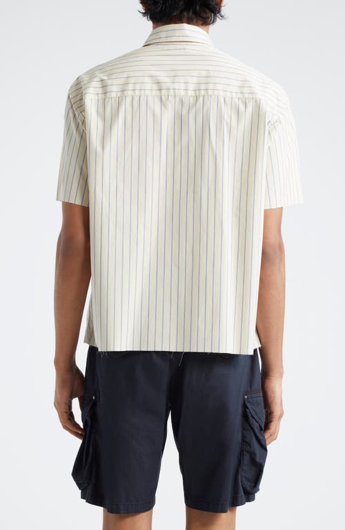 Shop John Elliott Stripe Short Sleeve Cotton Poplin Button-up Shirt In Tan X Blue