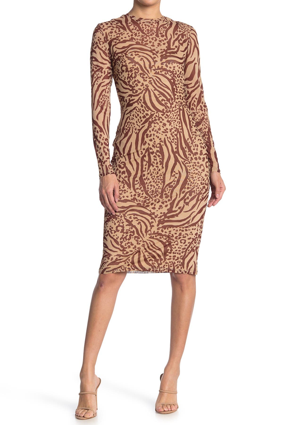 Afrm Loah Long Sleeve Mesh Midi Dress In Medium Brown6