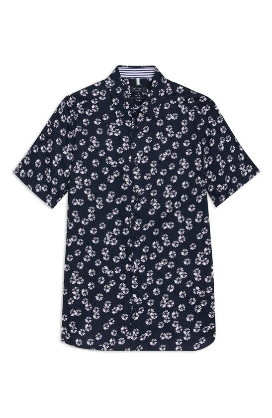 Shop Ted Baker Alfanso Floral Short Sleeve Button-up Shirt In Navy