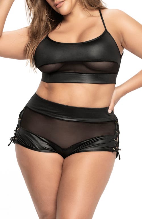 Mapale Lace-Up Illusion Mesh Bra & Panties Set Black at Nordstrom,