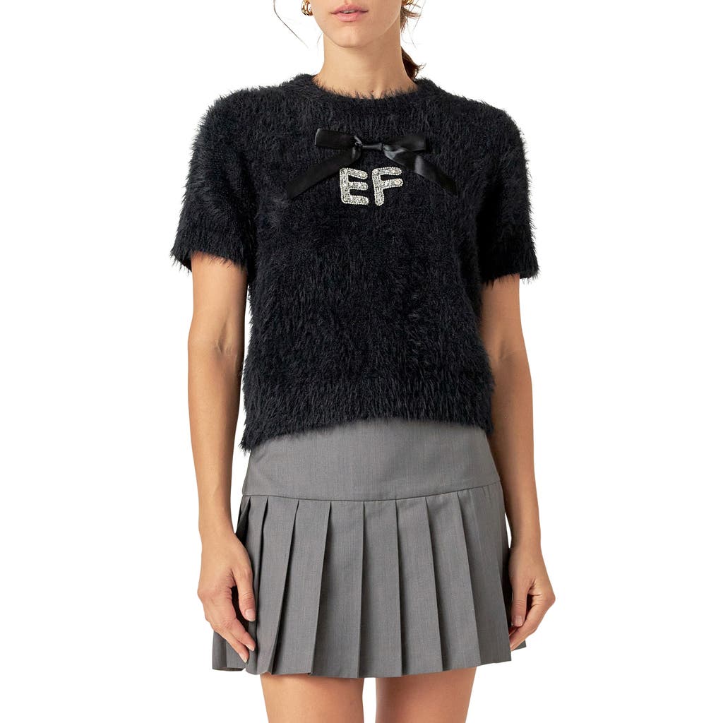 English Factory Rhinestone Logo Short Sleeve Sweater In Black