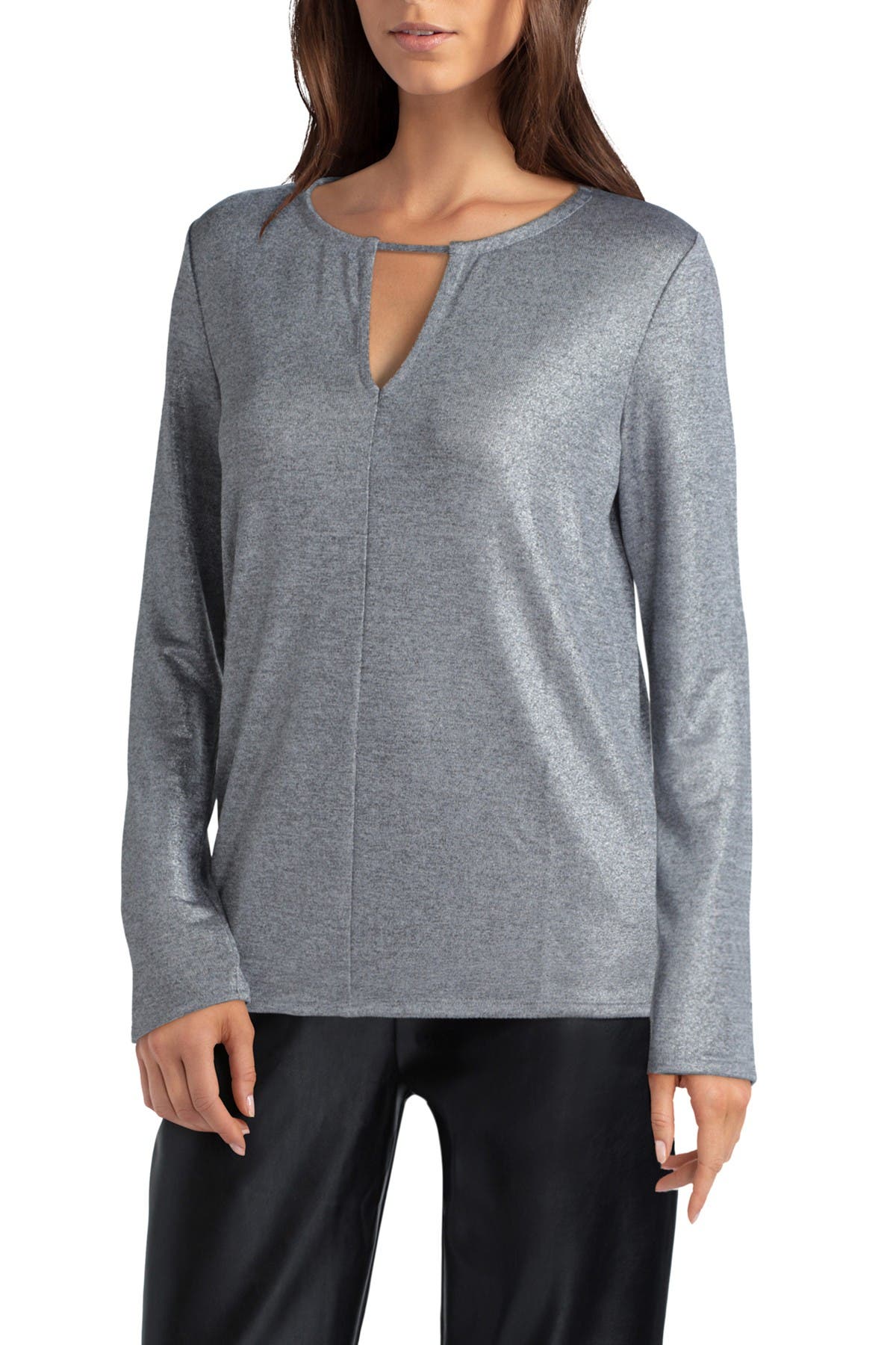 H Halston Metallic Long Sleeve Keyhole Top In Brown Overflow ModeSens