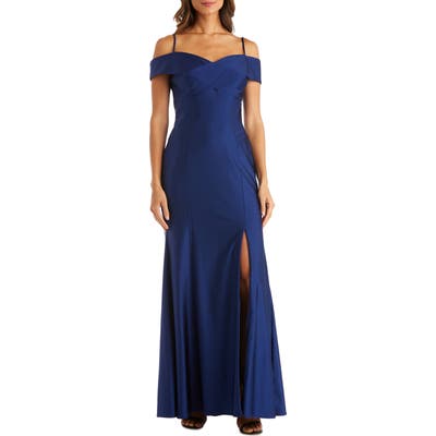 Morgan & Co. Cold Shoulder Portrait Collar Mermaid Gown, Blue