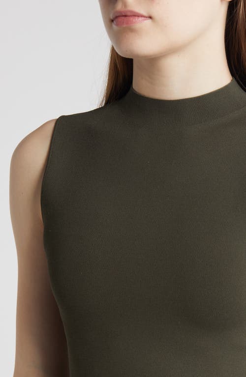 Shop Theory Pleated Sleeveless Mock Neck Midi Dress In Dark Olive