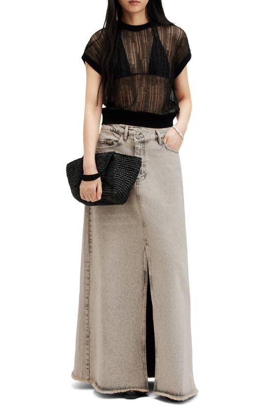 Shop Allsaints Noir Asymmetric Waist Denim Maxi Skirt In Sand Grey