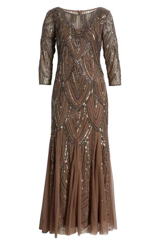 Shop Pisarro Nights Beaded Illusion Neck Gown In Mocha