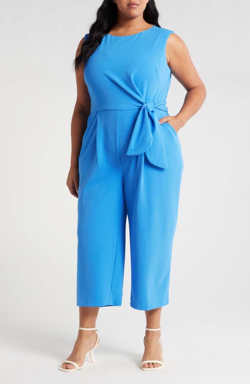 Shop Tahari Asl Side Tie Scuba Crepe Crop Wide Leg Jumpsuit In Summer Sky