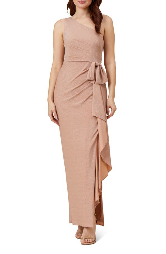 Adrianna Papell Women's Metallic One-shoulder Bow Gown In Ginger