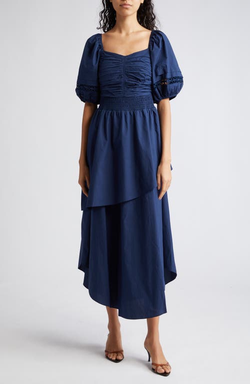 Persephone Puff Sleeve Cotton Midi Dress in Spring Navy
