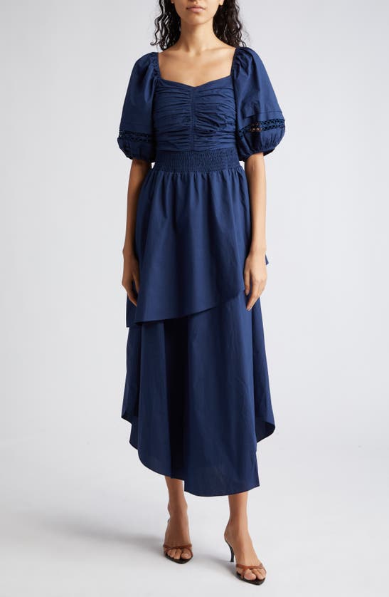 Shop Ramy Brook Persephone Puff Sleeve Cotton Midi Dress In Spring Navy