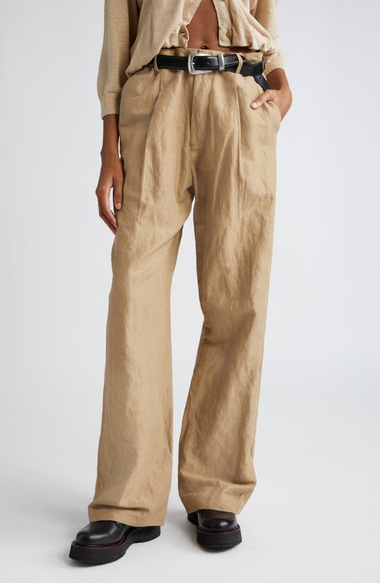 R13 Pleated Wide Leg Linen Blend Trousers In Khaki