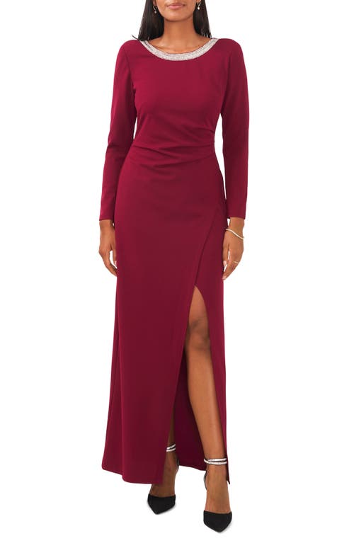 Crystal Detail Long Sleeve Gown in Majestic Wine