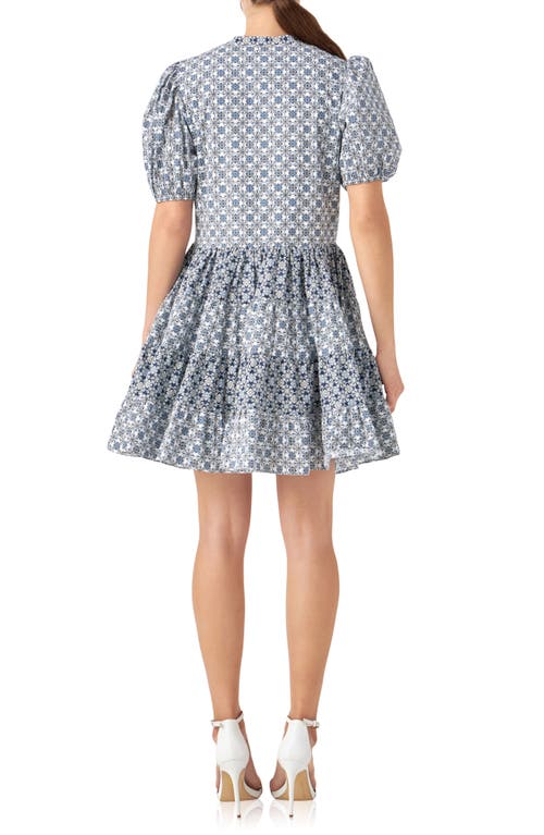 Shop English Factory Tile Print Tiered Cotton Dress In White/blue