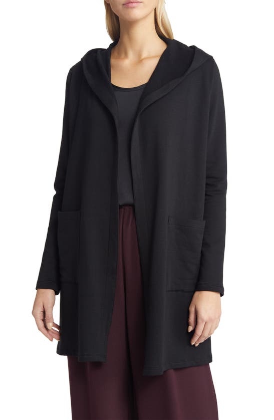 Eileen Fisher Open Front Hooded Cardigan In Black