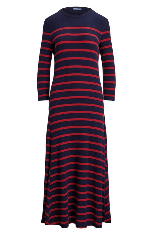 Shop Polo Ralph Lauren Stripe Waffle Stitch Maxi Sweater Dress In Hunter Navy/polo Sport Red