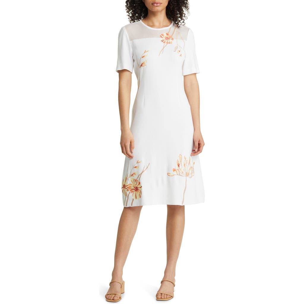 Misook Flower Embroidery Knit Dress In White/sand Multi
