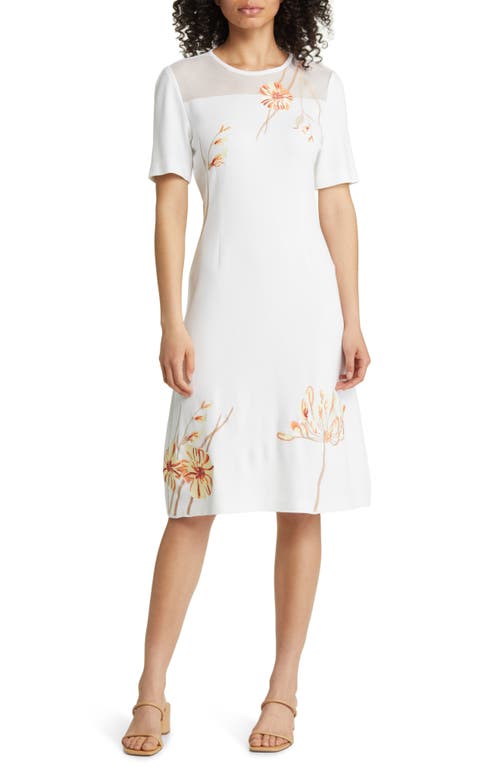 Misook Flower Embroidery Knit Dress in White/Sand Multi at Nordstrom, Size Xx-Small