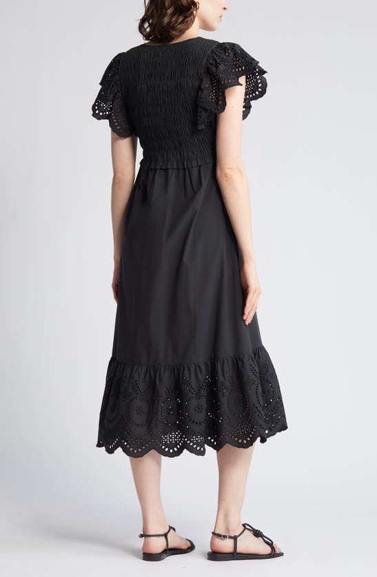 Shop Rails Clementine Eyelet Smocked Cotton Blend Midi Dress In Black Eyelet