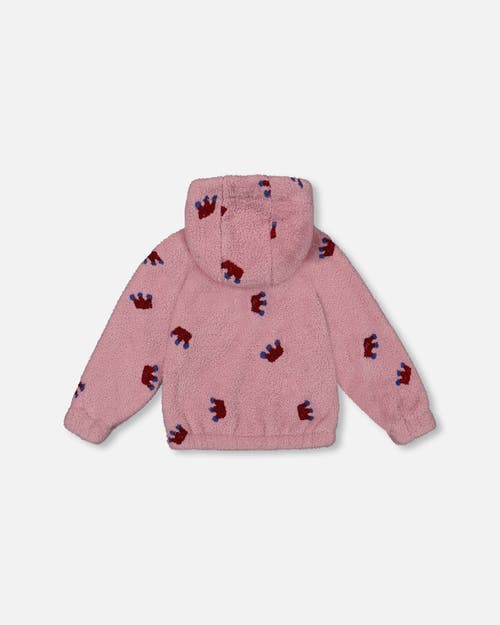 Deux Par Deux Girl's Plush Hoodie Mauve With Crown Pattern In Mauve Shadows