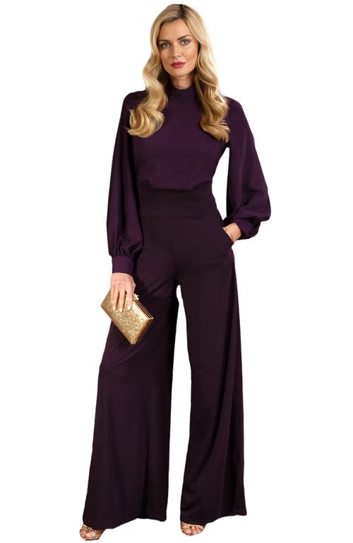 Hotsquash London Clothing Blouson Sleeve Wide Leg Jumpsuit In Damson