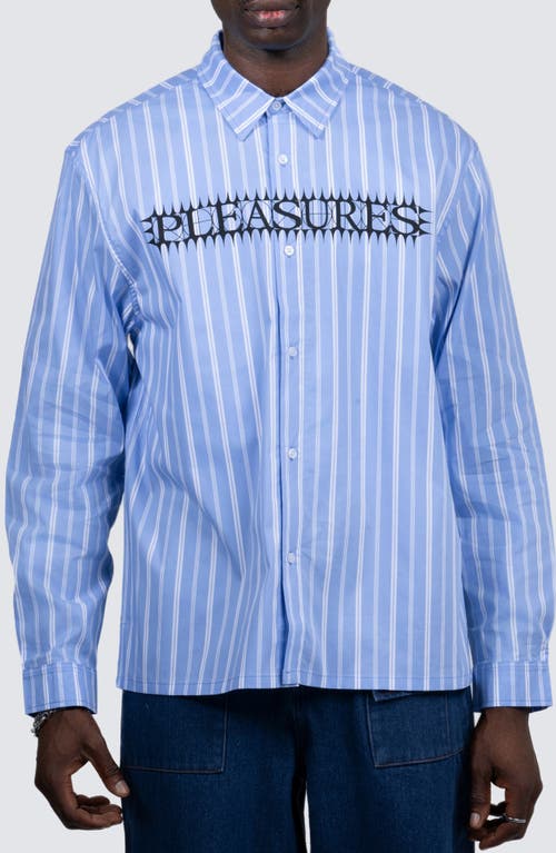 PLEASURES Fetch Stripe Graphic Button-Up Shirt in Blue 