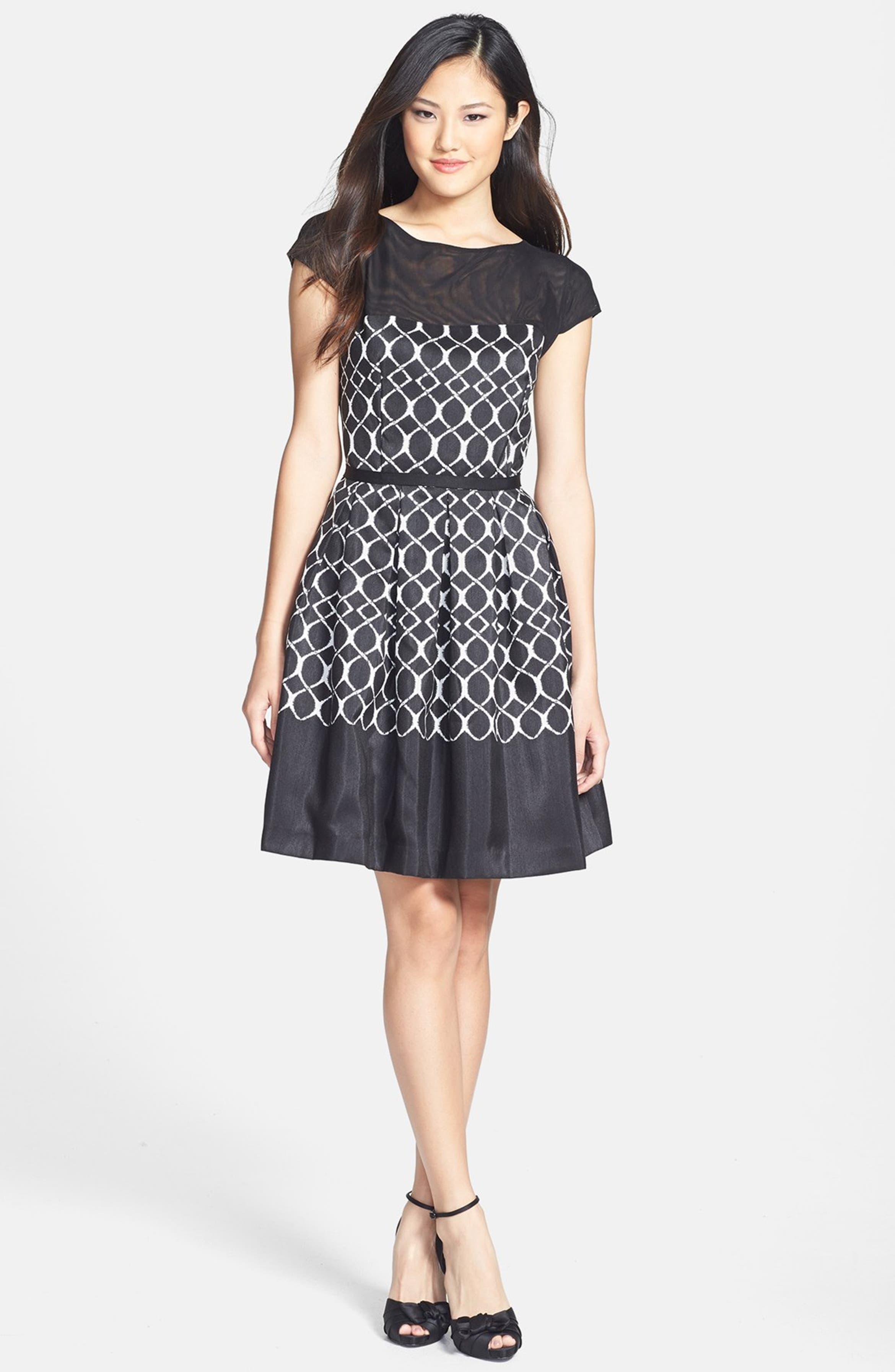 Taylor Dresses Illusion Cap Sleeve Fit & Flare Dress | Nordstrom