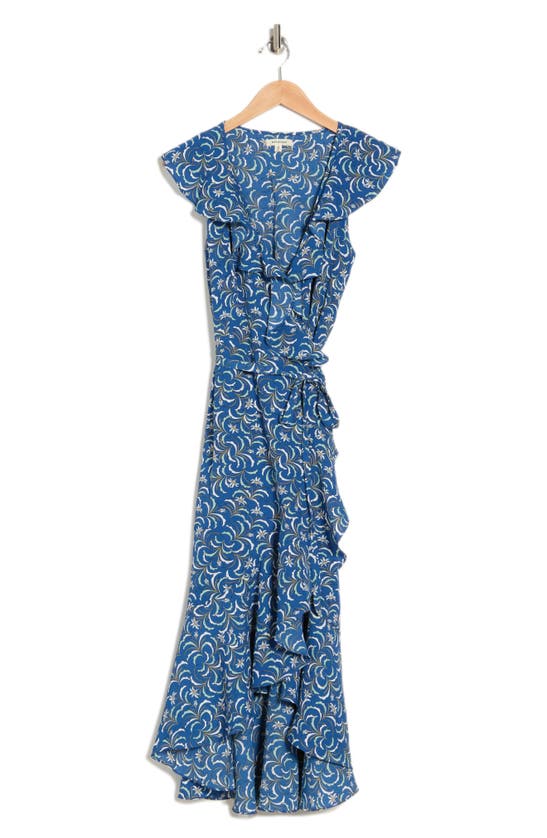 Maxstudio Patterned Ruffle Wrap Midi Dress In Cobltlpb-cobalt Leafy Pop Buds