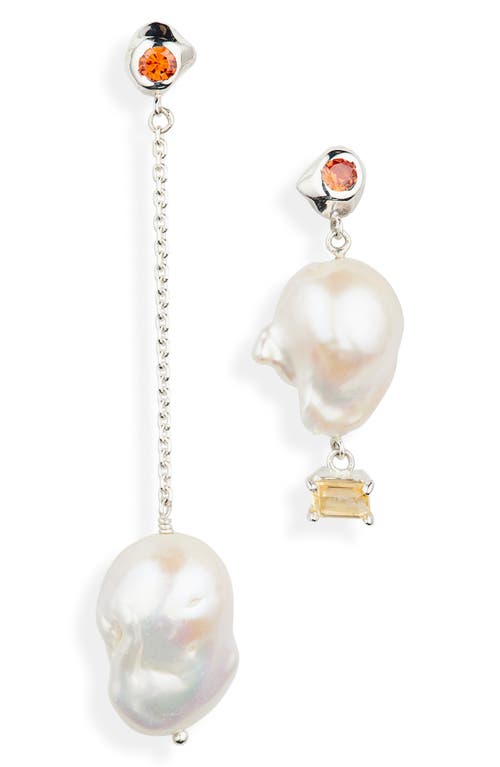 Faris Pearl & Sapphire Mismatched Drop Earrings In Silver