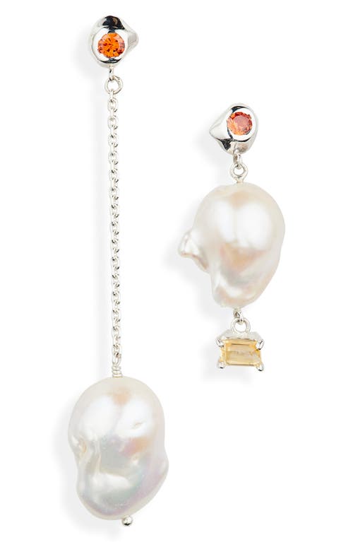 Shop Faris Pearl & Sapphire Mismatched Drop Earrings In Silver