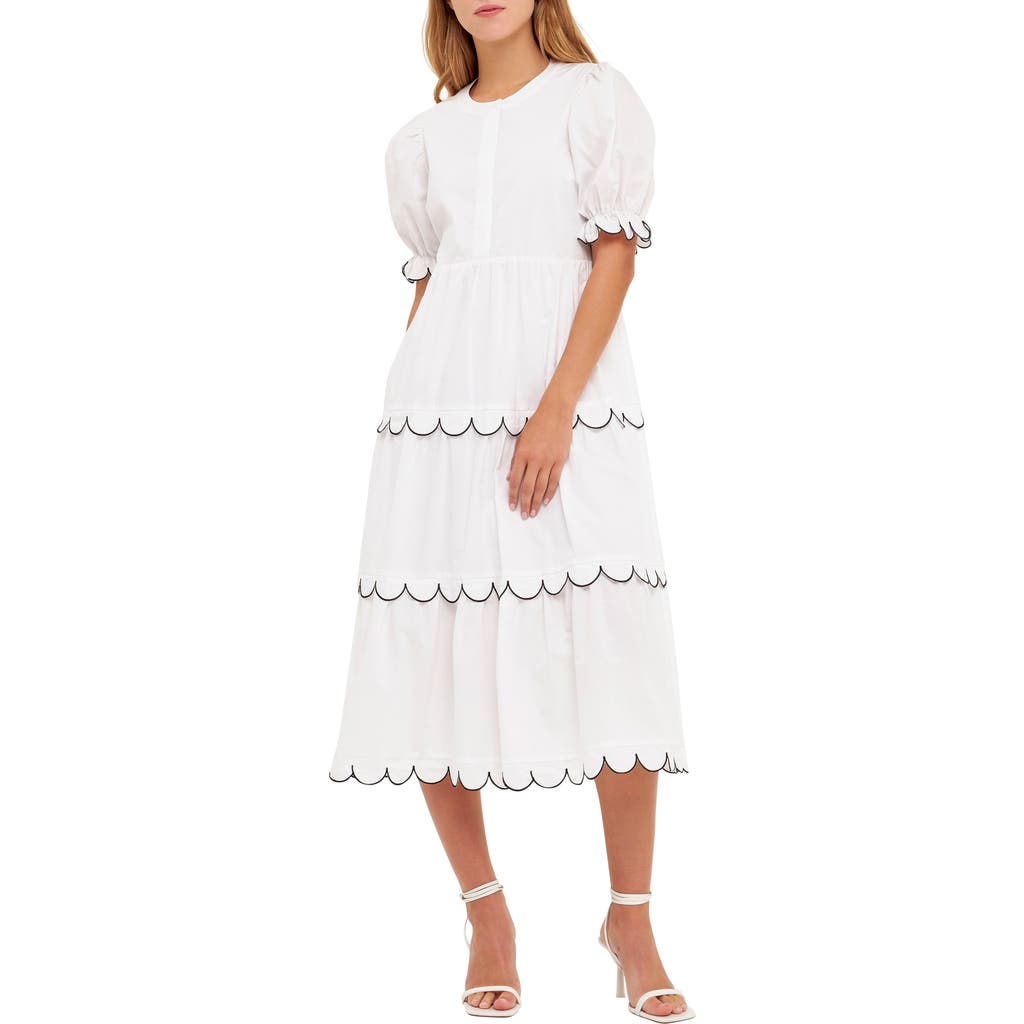 English Factory Contrast Scalloped Trim Cotton Midi Dress In White
