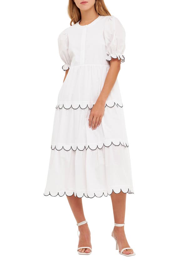 Shop English Factory Contrast Scalloped Trim Cotton Midi Dress In White/ Black