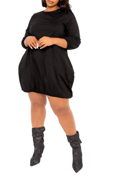 Winter Black Leather 3/4 Sleeves Ruffles Plus Size Dress  Black long  sleeve dress, Black plus size dress, Plus size dress