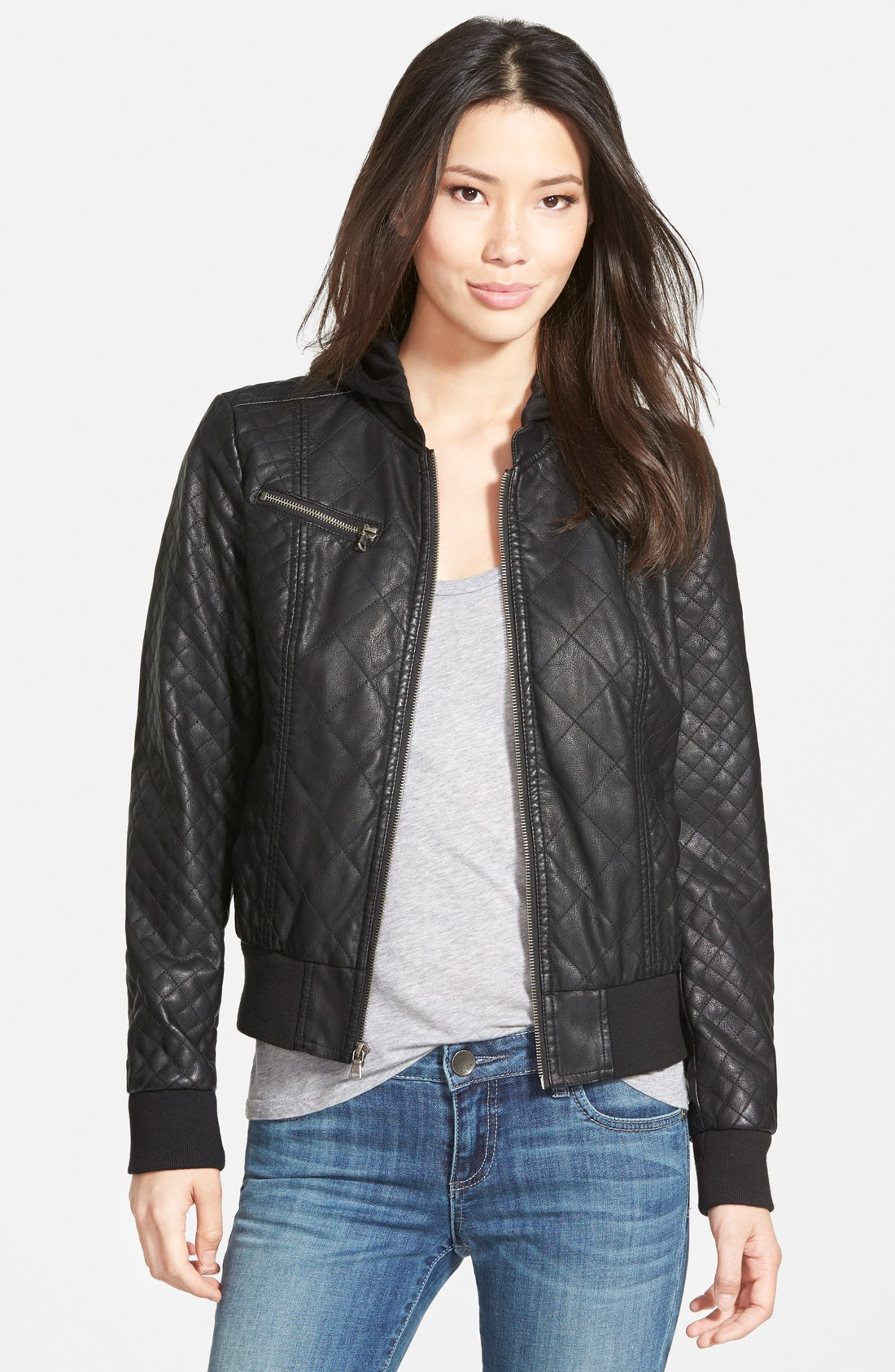 Levi's® Quilted Faux Leather Bomber Jacket with Knit Hood | Nordstrom