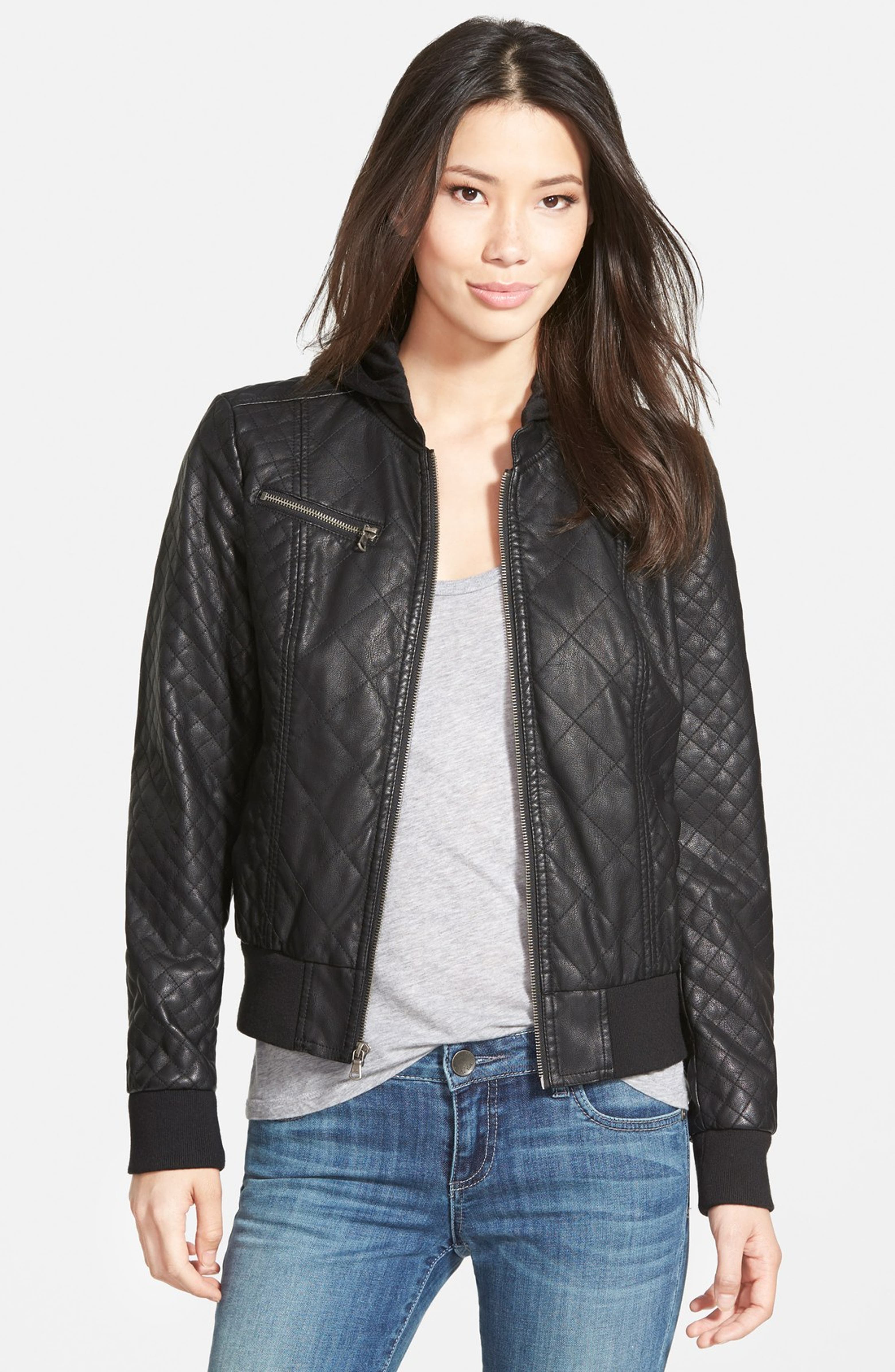 Levi's® Quilted Faux Leather Bomber Jacket with Knit Hood Nordstrom