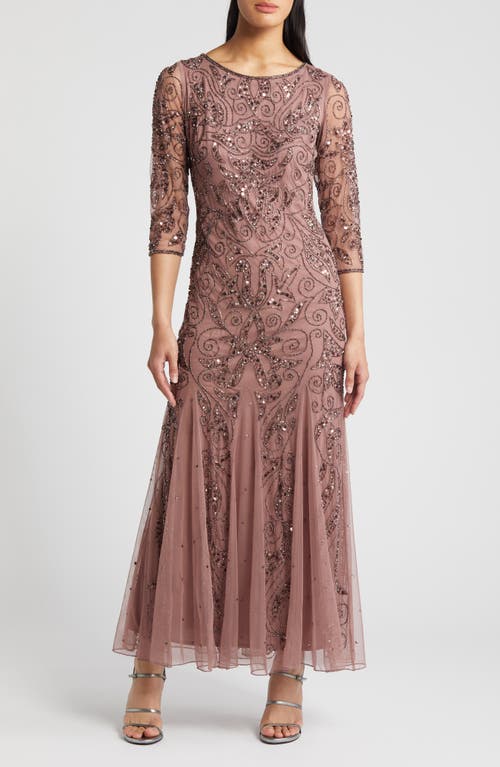 Illusion Sleeve Beaded A-Line Gown in Mauve
