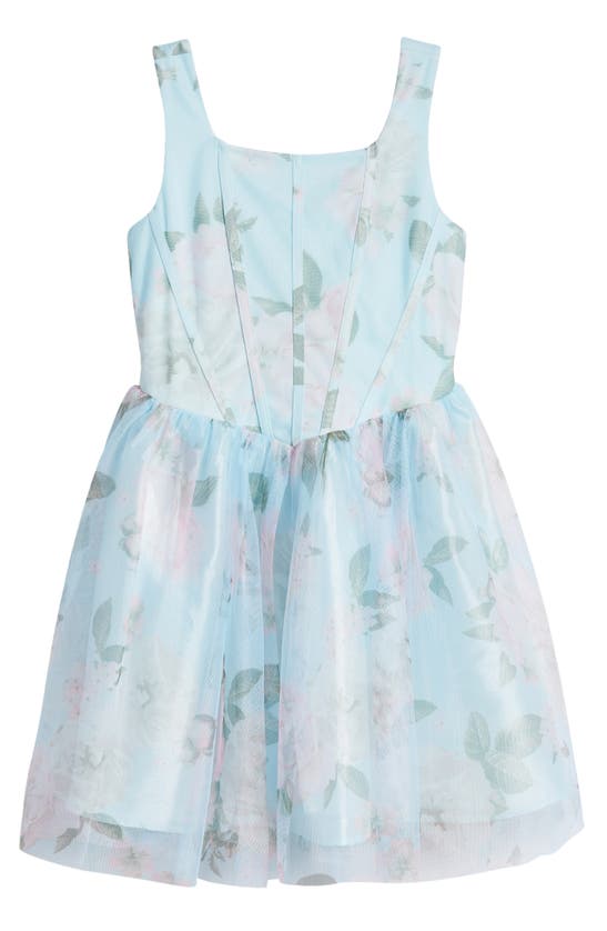 Zunie Kids' Floral Print Mesh Dress In Aqua Multi