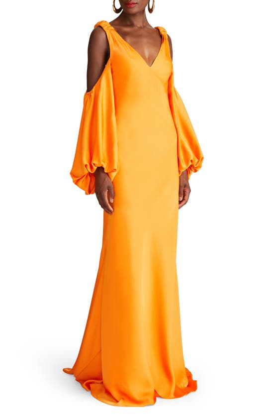 Shop Halston Binnie Cold Shoulder Long Sleeve Satin Gown In Tangerine