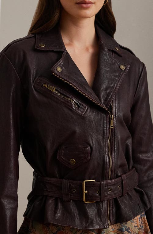 Shop Lauren Ralph Lauren Belted Burnished Leather Jacket In Pinot Noir