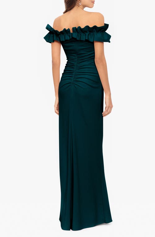 Shop Xscape Evenings Ruffle Off The Shoulder Ruched Gown In Pine