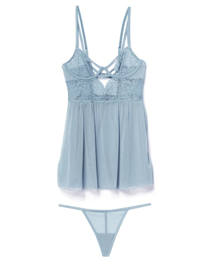Adore Me Rae Unlined Babydoll & G-string Set Lingerie In Medium Blue