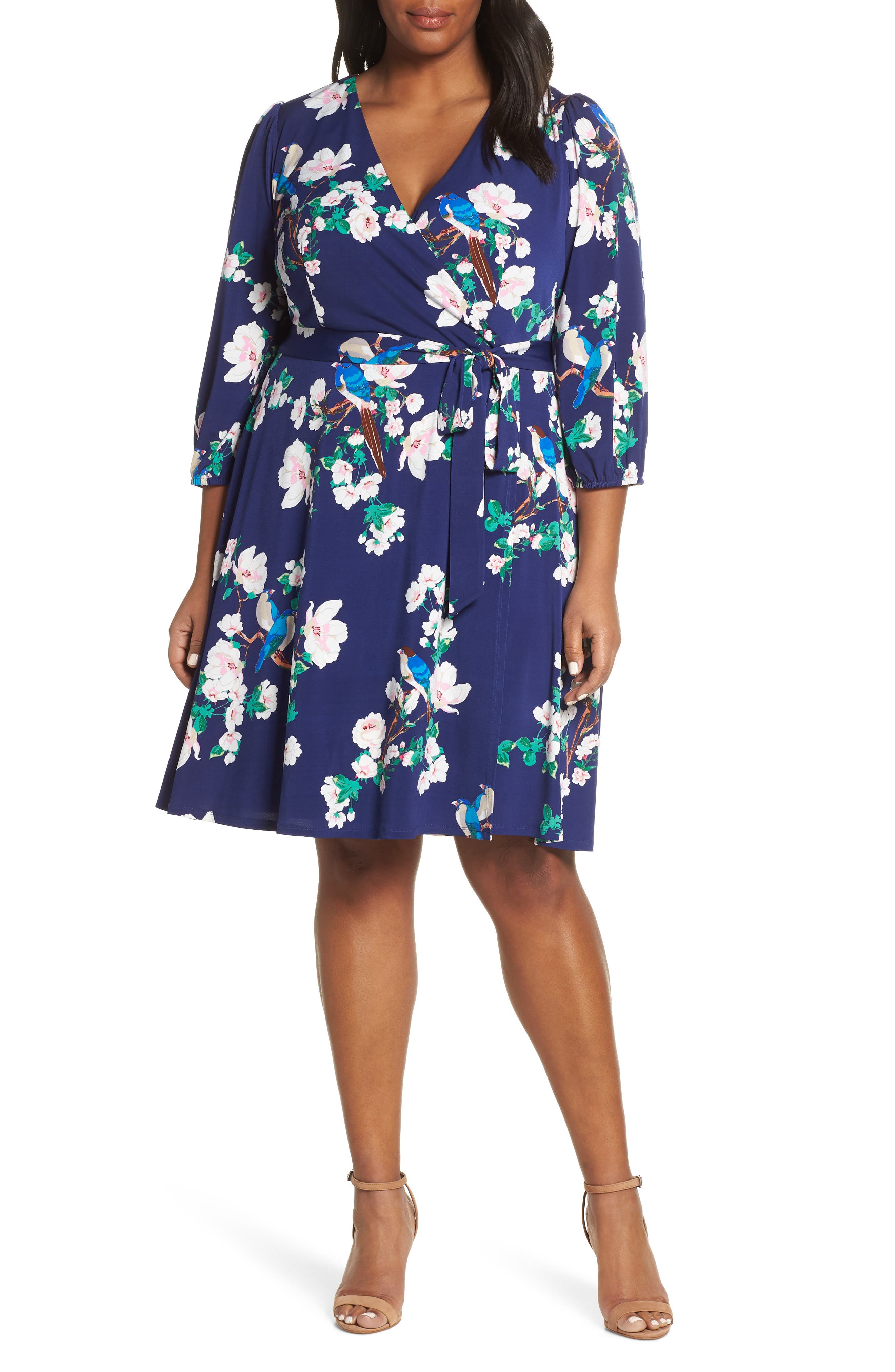 Plus Size Eliza J Floral Faux Wrap Dress, Blue