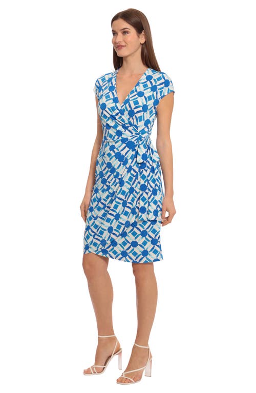 Shop Maggy London Short Sleeve Wrap Dress In Cream/royal Blue