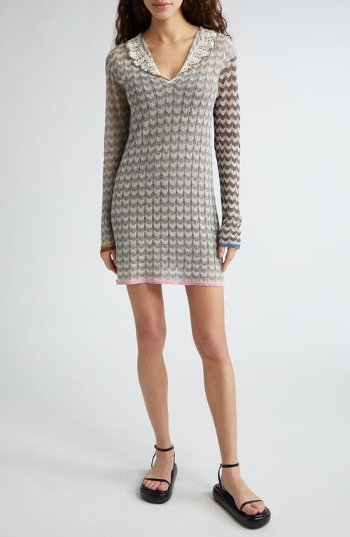 Tong Chevron Knit Long Sleeve Linen Blend Mini Sweater Dress in Stone