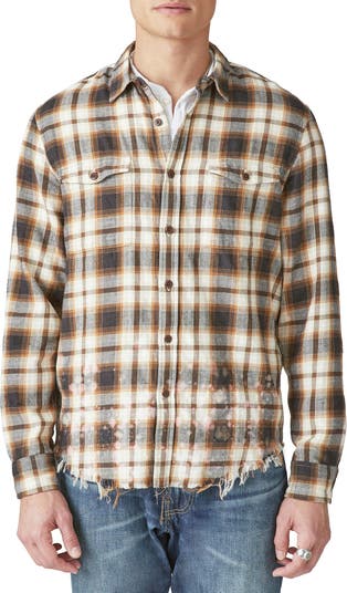 Mens Lucky Brand Long Sleeve Button Down Flannel Shirt Navy Yellow Plaid  Size S