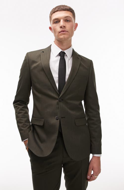 Topman Skinny Fit Herringbone Suit Jacket Dark Khaki Green at Nordstrom,